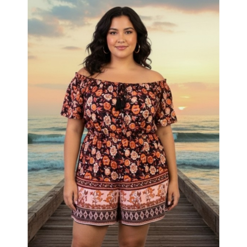 Shein Vcay Curve Floral Romper Black Size 2XL